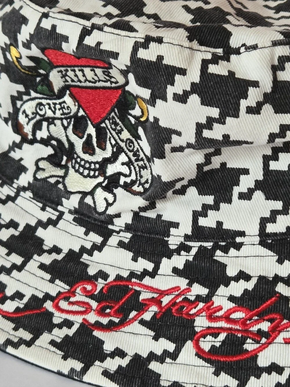Ed Hardy Black & White Houndstooth Bucket Hat with Skull Patch